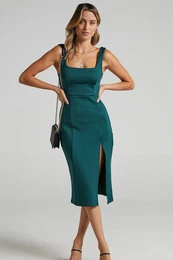 Emerald Green Straps and Slit Detailed Midi Dress