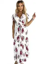 Pleated midi dress with a neckline and ruffles