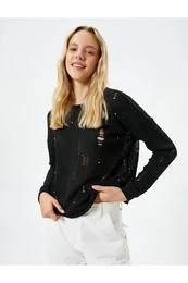 Long Sleeve T-Shirt Ripped Detail Crew Neck