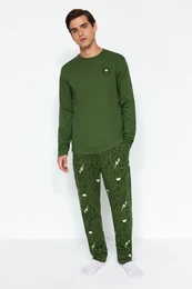Men's Khaki Regular Fit Embroidered Knitted 100% Cotton Pajama Set