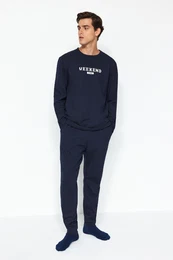 Navy Regular Fit Printed Knitted Pajamas Set