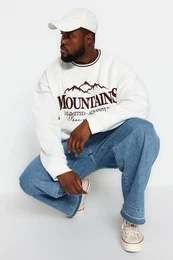 Ecru Plus Size Oversize Embroidered Crew Neck Detailed Soft Cotton Sweatshirt