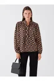 Tie Collar Patterned Long Sleeve Oversize Women's Blouse