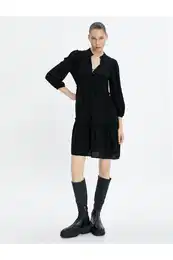 Midi Dress Long Sleeve High Collar Button Detailed Textured Viscose Fabric