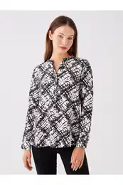 Loose Collar Patterned Long Sleeve Women's Blouse