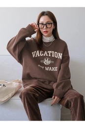 Women's Coffee Vacation Joy Wake Printed Oversized Crew Neck Sweatshirt.
