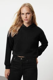 Black Thick Fleece Hooded Relaxed Cut Crop Basic Knitted Sweatshirt