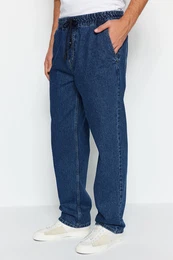 Navy Blue Regular Elastic Waist Jeans Loose Jeans