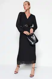 Black Belted A-Line Pleated Maxi Lined Chiffon Woven Dress