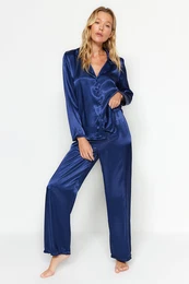 Navy Blue Satin Shirt-Pants Woven Pajamas Set