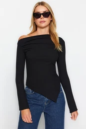 Black Draped Boat Neck Asymmetric Flexible Long Sleeve Knitted Blouse