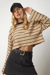 Happiness stanbul Women's Biscuit Striped Oversize Crop Sweatshirt