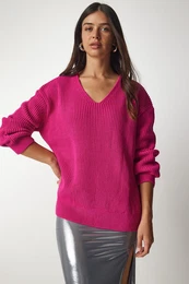Happiness stanbul Dmsk rov V-Neck Oversize Zkladn pleten svetr