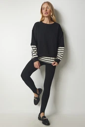 Happiness stanbul Women's Black Striped T-Shirt Patch Knitted Sweatshirt