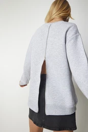 Happiness stanbul Women's Gray Back Zipper Raised Knitted Sweatshirt