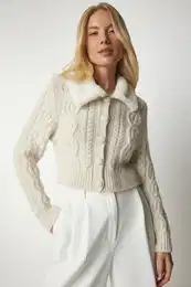 Srea Istanbul enska krema karje Ovratnik Pletenine z vzorcem Cardigan