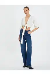 Crop Blouse Balloon Sleeves Crochet Detail Front Tie