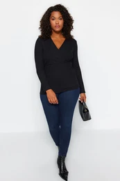 Curve Black Double Breasted V Neck Crepe Knit Plus Size Blouse