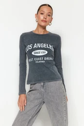 Anthracite Printed Crew Neck Faded Effect Slim Fit Knitted T-Shirt