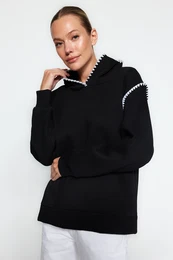 Black Crochet Detail Hooded Fleece Inner Knitted Sweatshirt