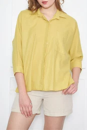 Women's Neon Green Pocket Loose Linen Shirt
