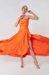 Women's Orange Satin Evening &; Prom Dress with Ruffles and a Slit