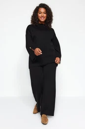 Curve Black Standing Collar Plain Single Plate Plus Size Top-Upper Set