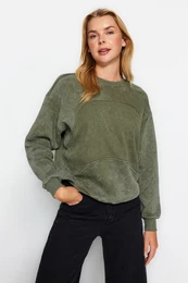 Khaki Worn/Faded Effect Fleece Inside Oversize/Cross-Fit Knitted Sweatshirt