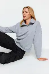 Gray Thick Inside Fleece Zippered Oversize/Wide Fit Knitted Sweatshirt