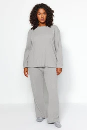 Curve Anthracite Crew Neck Relaxed Fit Knitted Ribbed Camisole Plus Size Top-Bottom Set