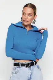 Blue Crop Zipper Podroben pulover za pletenine