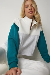 Happiness stanbul Women's Gray Emerald Green Zipper Collar Raised Knitted Crop Sweatshirt