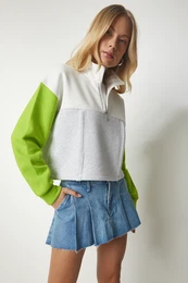Happiness stanbul Women's Gray Light Green Zipper Collar Raised Knitted Crop Sweatshirt