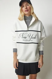 Happiness stanbul Women's Ecru Zipper Collar Printed Raised Sweatshirt