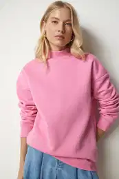 Happiness stanbul Women's Light Pink High Neck Basic Raised Sweatshirt