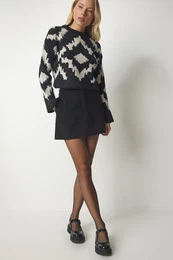 Happiness stanbul Women's Black Beige Patterned Knitwear Sweater