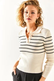 Dmsk Ecru ern knoflky Line Detail Pleten halenka