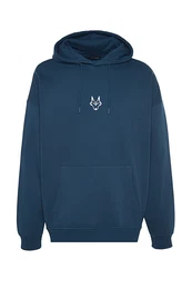 Indigo Regular/Normal Cut Hooded Fleece/Warm Wolf Embroidered Sweatshirt
