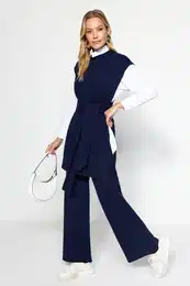 Navy Blue Belted Brass Knitted Sweater-Trousers Knitwear Two Piece Set