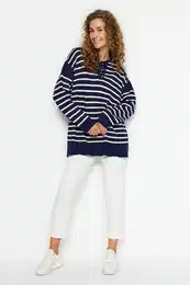 Navy Blue Udobno prileganje rtasto pletenino pulover