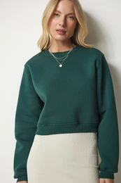 Happiness stanbul Women's Emerald Green Rose Crop Sweatshirt