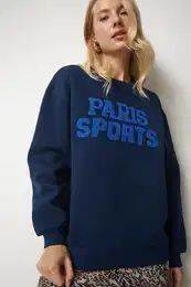 Happiness stanbul Women's Navy Blue Embroidered Raised Oversize Sweatshirt