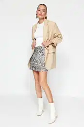 Multicolored Snakeskin Patterned High Waist Slit Interlock Mini Knitted Skirt