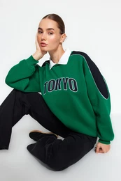 Green Thick Inner Fleece Color Block Polo Collar Regular/Normal Fit Knitted Sweatshirt