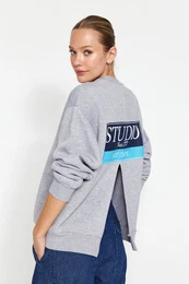 Gray Melange Back Print Detail Fleece Inside Regular/Normal Fit Knitted Sweatshirt