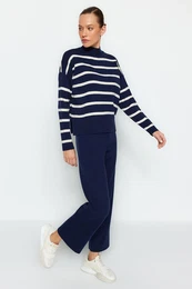 Navy Blue Striped Knitwear Trousers Bottom-Top Set
