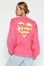Pink Thick Fleece Inside With Relief Print On The Chest And Back, Oversized Knitted Sweatshirt