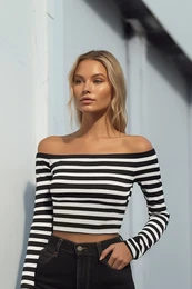 Black Striped Carmen Collar Fitted/Slippery Knitted Blouse