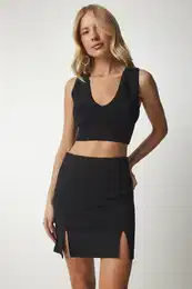 Happiness stanbul Women's Black Double Slit Mini Knitted Skirt