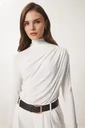 Happiness stanbul Women's Ecru Gathered Detailed High Neck Sandy Blouse